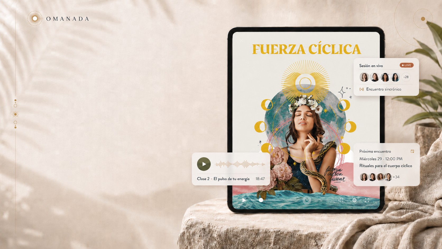 Vista del programa Fuerza Cíclica en una tablet, con tarjetas de sesión en vivo, audio de clase y próximo encuentro.